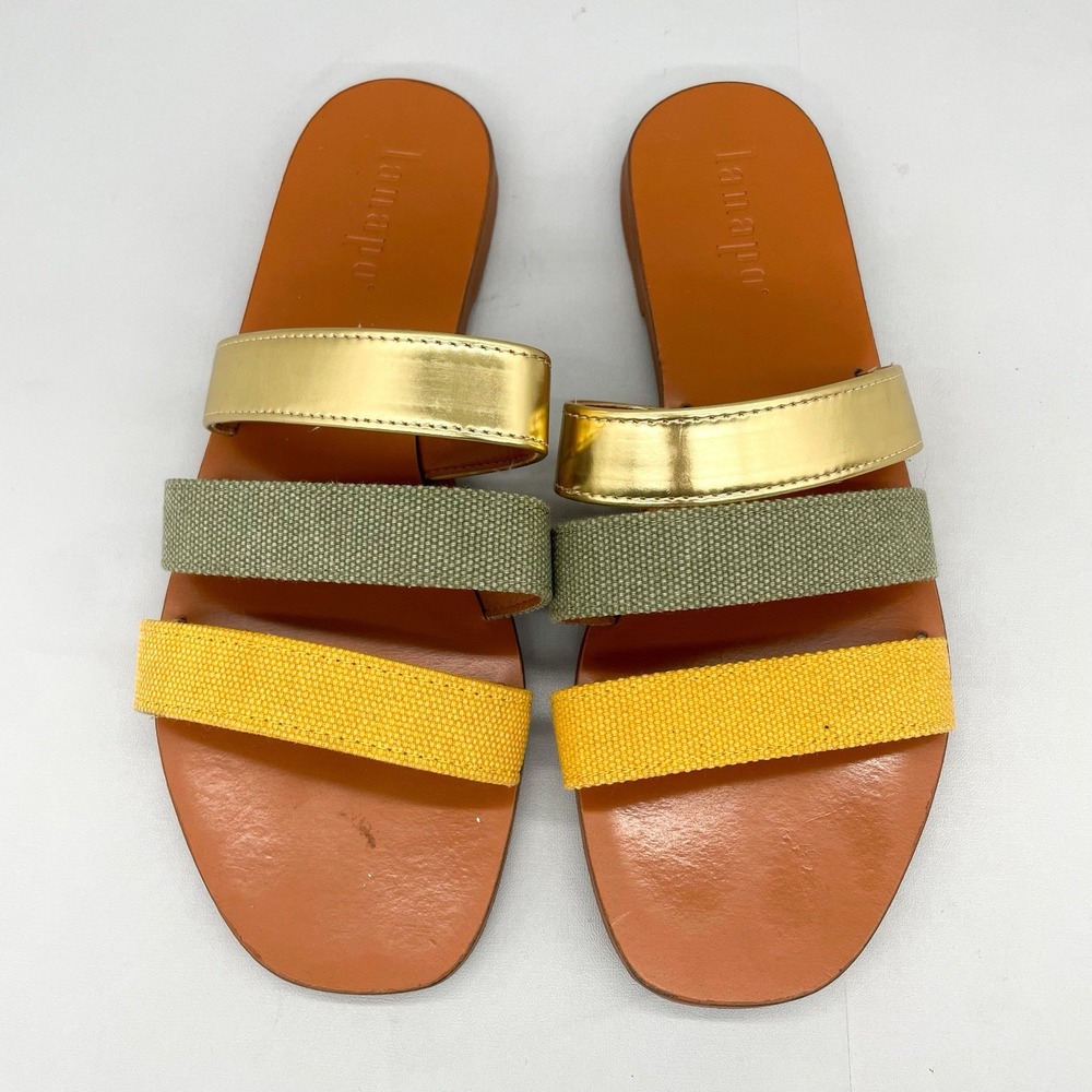 Lanapo Combination Sandals Womens 37 7 Canvas Metalic Leather Strappy Flats Shoe